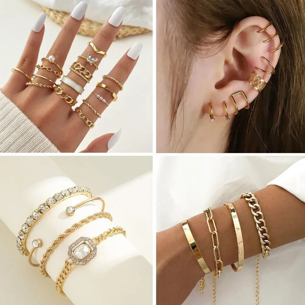 Golden Jewelry Set Women 124 pcs Layered Necklaces Bracelets Rings Earrings